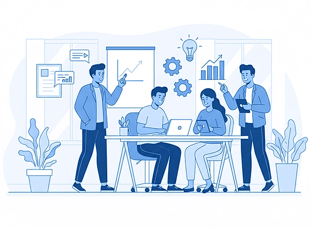 Team members collaborating efficiently in a modern office, representing improved productivity.