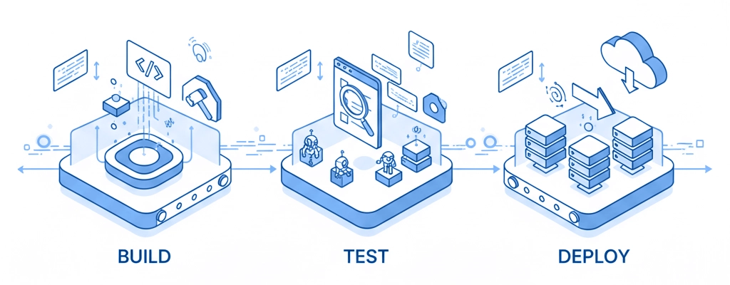 A diagram of a CI/CD pipeline showing code moving through build, test, and deploy stages.