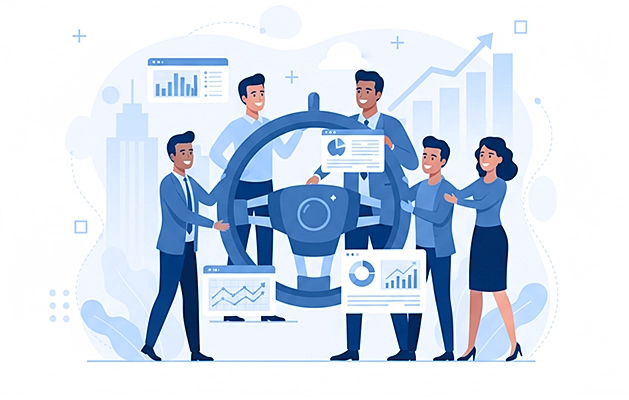 A team celebrating the success of their data-driven culture and business growth.