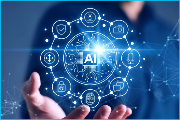A person holds a digital representation of AI, featuring icons related to technology and security, connected in a network pattern against a dark background.