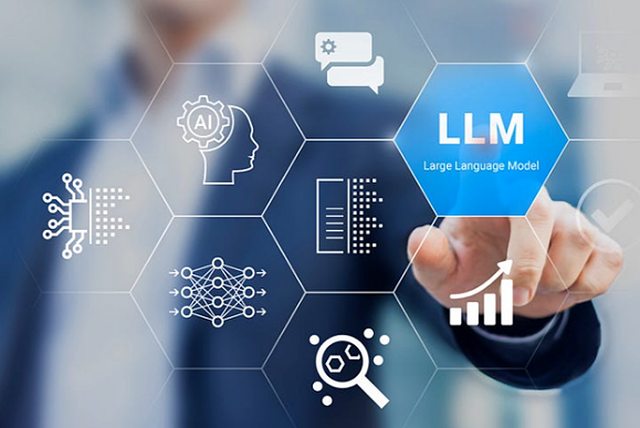 A person points at a hexagonal interface with icons related to artificial intelligence and a highlighted LLM Large Language Model label.