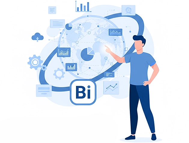 A team of professionals collaborating on a business intelligence strategy.