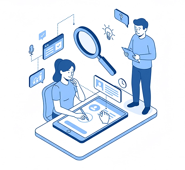 A user interacting with a digital product while being observed for usability testing.