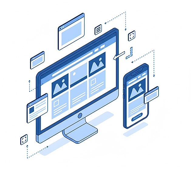A web design displayed on a desktop and a mobile app design on a smartphone, showcasing responsiveness.